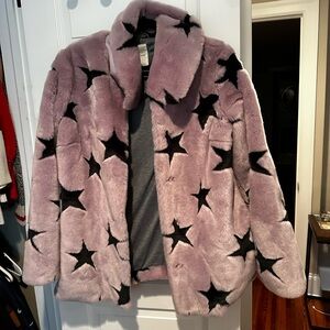 Avec Les Filles Star Pattern Faux Fur Jacket - Pink and Black